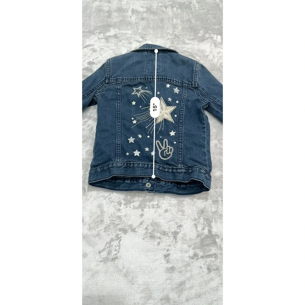 Gap Denim Jacket Girls Size XS Blue Jean Buttons Artsy Cat Meow‎ Long Sleeve EUC
